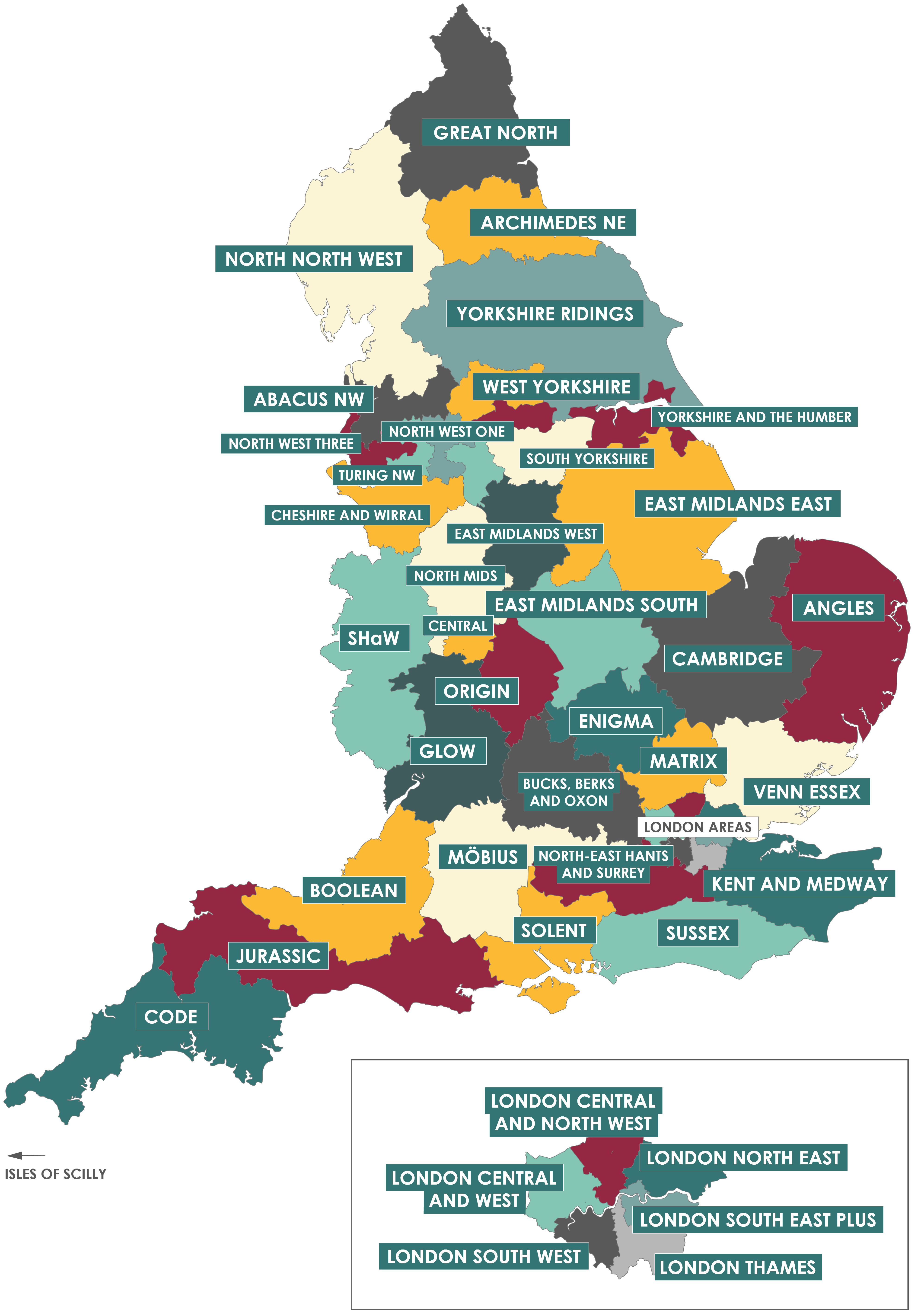 Map showing boundaries of all Maths Hubs